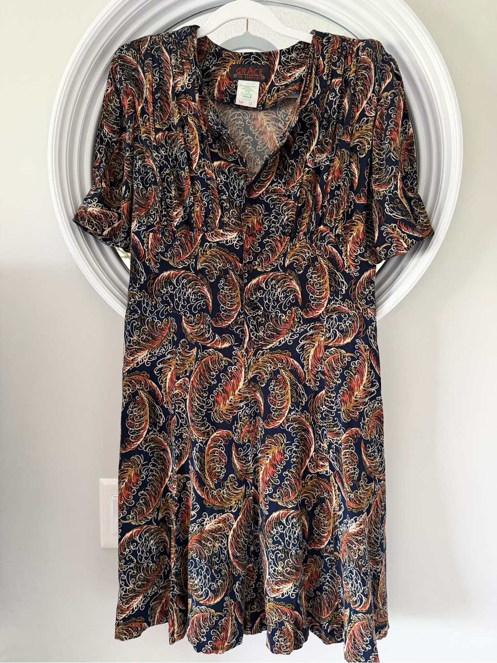 Vintage 90s Grace By Comrags Rayon Paisley Feather Midi Dress Made In Canad